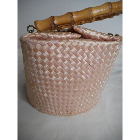 Vintage light pink Bamboo Handled Woven Lined Handbag Purse Estate Find - Picture 6 of 13